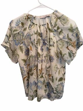 LOFT Cream Floral Ruffle Blouse with Blue and Green Accents. Size XS